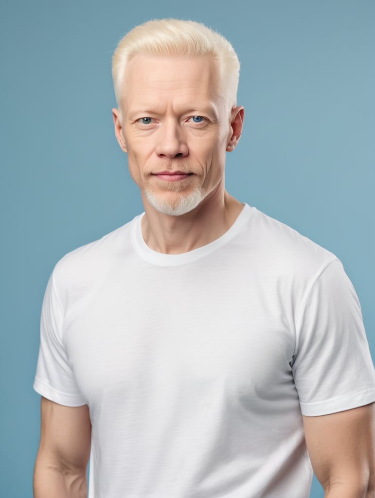 A middle-aged albino man wearing a white T-shirt, Contrasting studio light, isolated, blue background, mockup, mock up