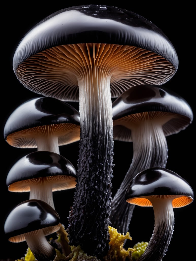 Macro photo of a black translucent alien mushroom, isolated, black background