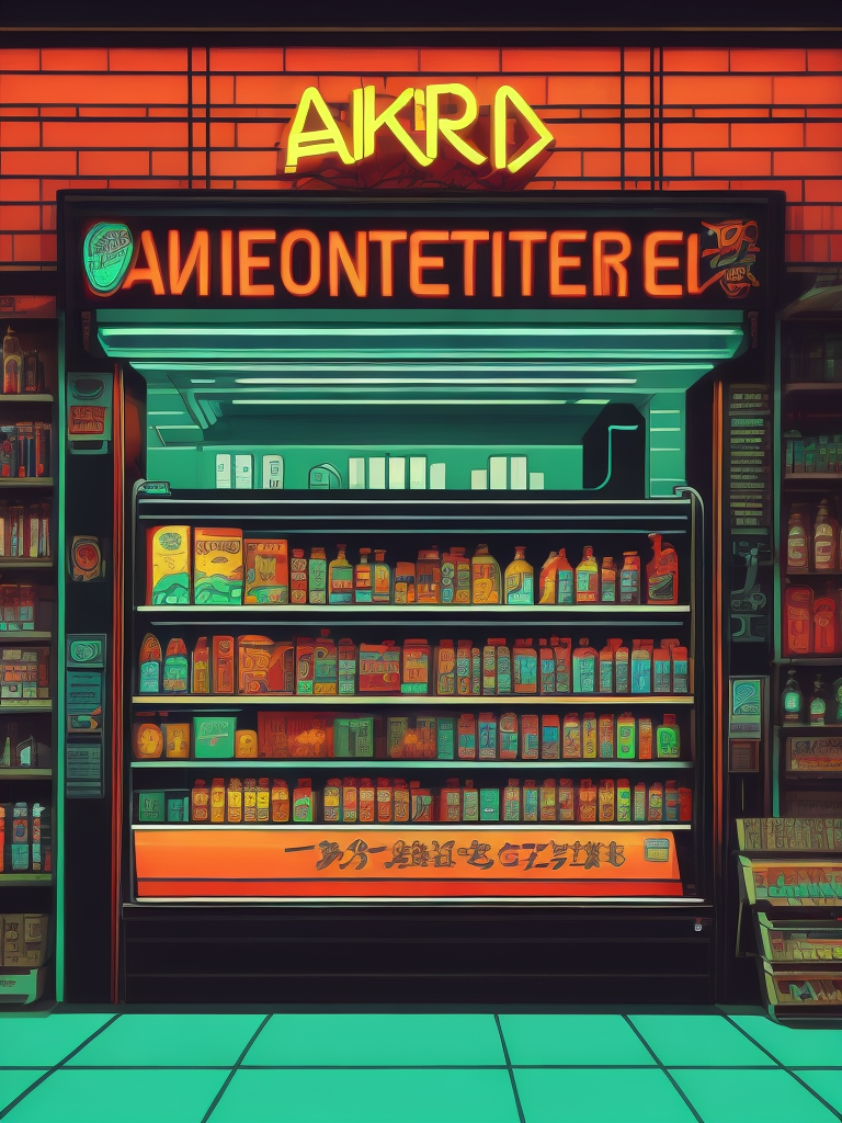 In the style of 90's vintage anime, surrealism, akira style. detailed line art. fine details. inside a 7 11 convenience store. drink aisle. neon.