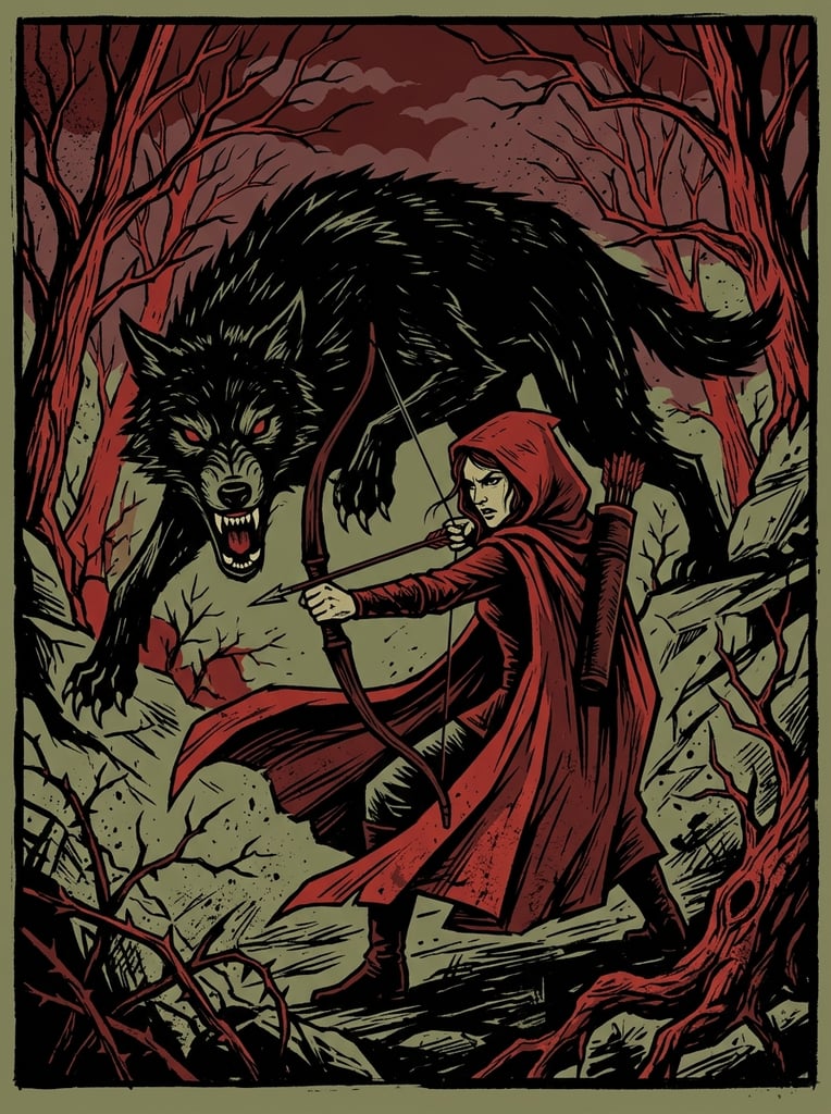 A stylized graphic illustration of a woman in a red hooded cloak aiming a bow and arrow while a massive, snarling black wolf with jagged claws looms behind her. Set in an ominous forest of bare red and black trees, the high-contrast artwork features sharp angular lines, distressed textures, and a limited palette of black, deep red, and muted olive green.