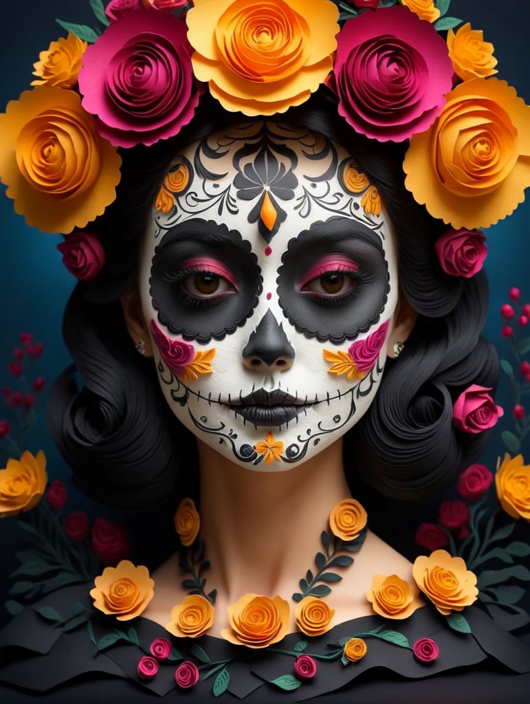 Portrait of Mexican beautiful catrina with roses on head Sugar skull makeup for day of dead in Mexico Dia de los muertos