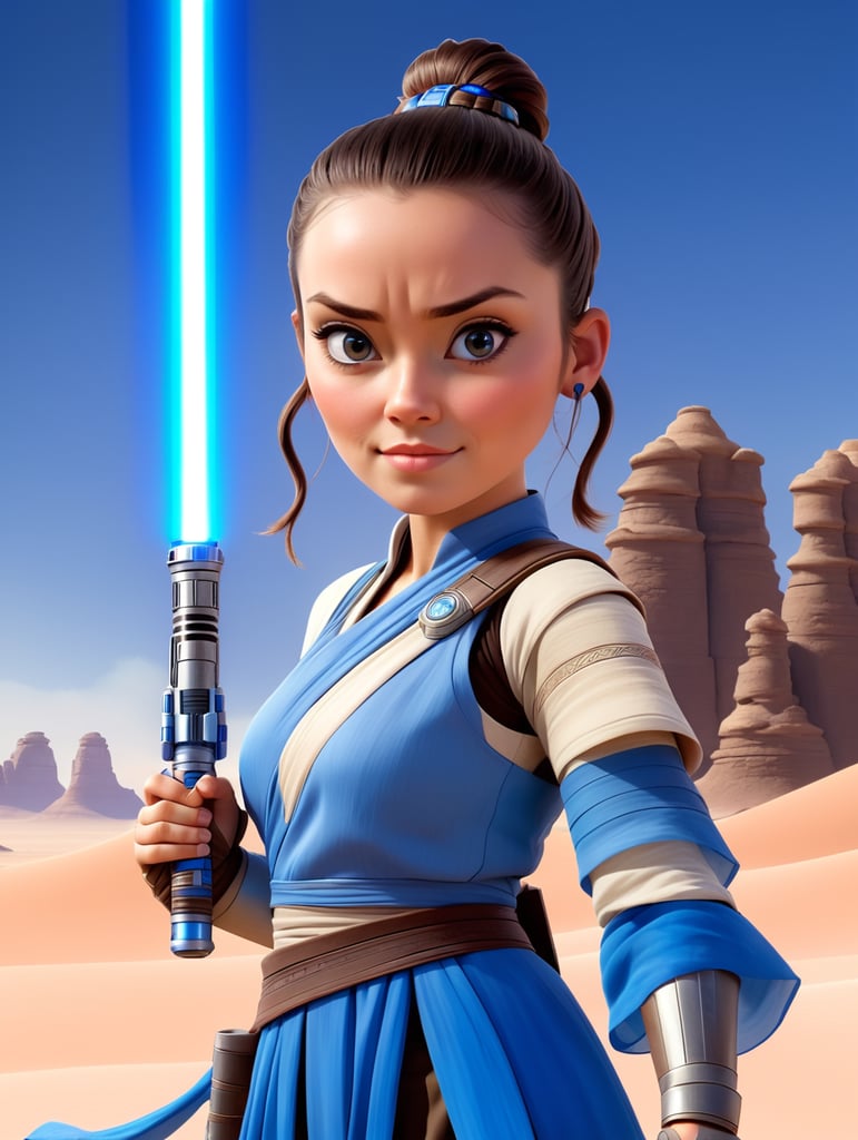 Crazy, funny 30 year old female, pale skin, straight dark brown hair tied in a ponytail, dressed as Rey Skywalker holding blue lightsaber in desert One person only.