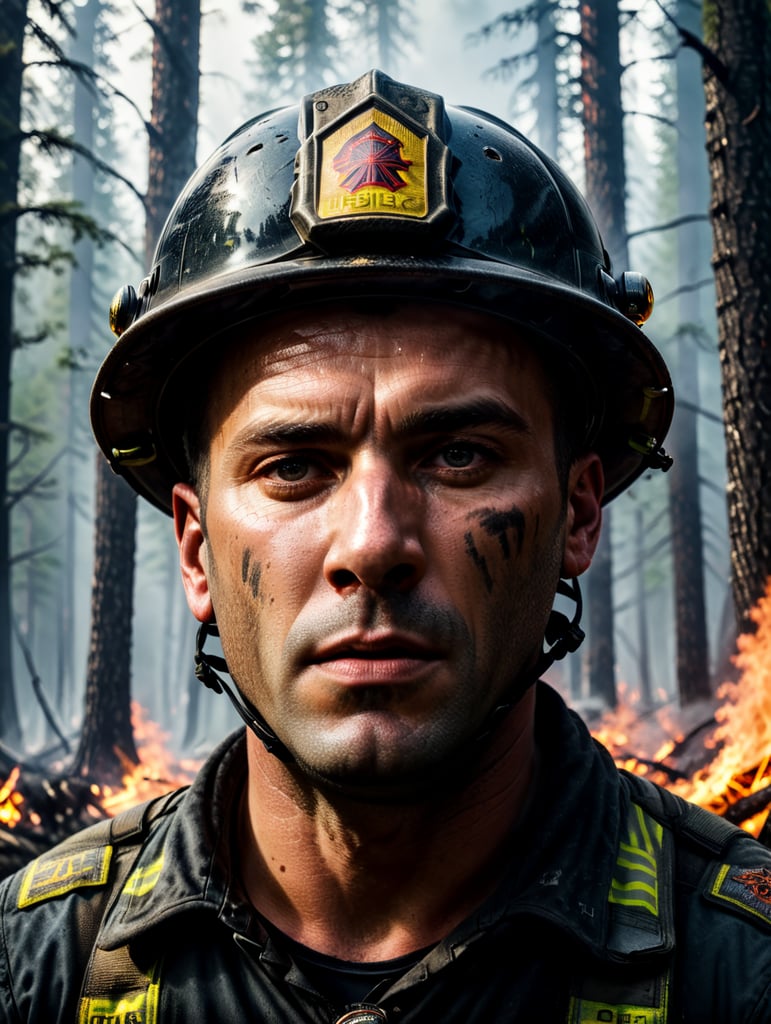 epic portrait of a Firefighter, forest fire, British Columbia Wildfire, Canada