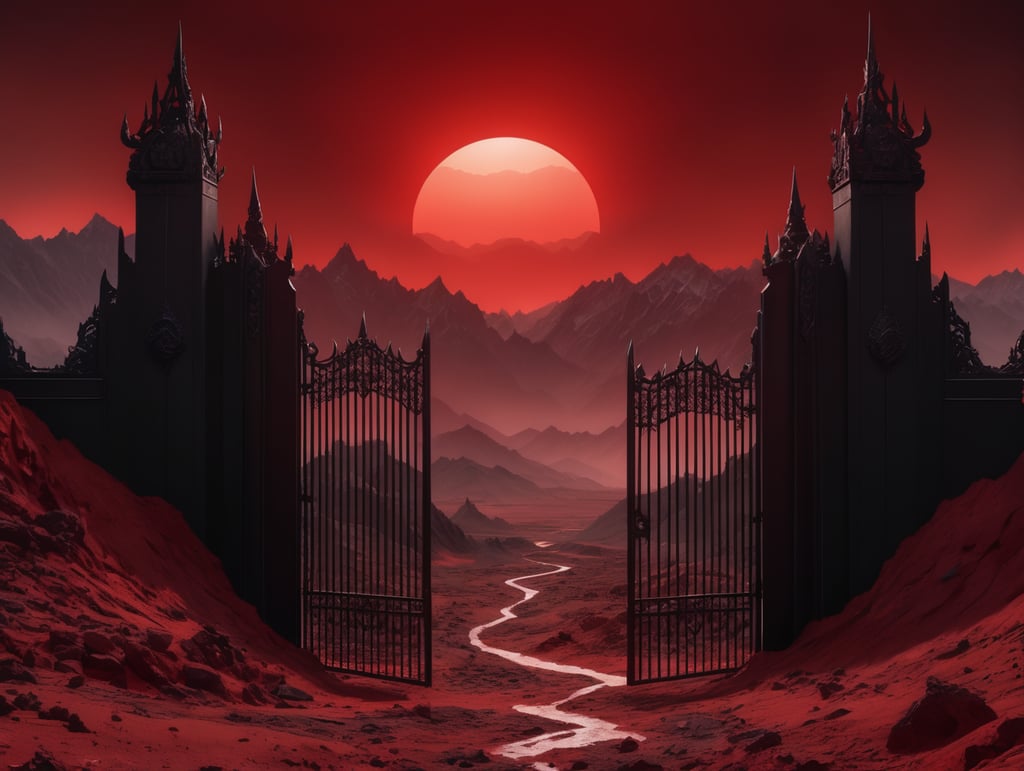 The gates of Hell stand open. Beyond them is a red wasteland, with black jagged mountains rising up to meet a black sky with a dark red sun.