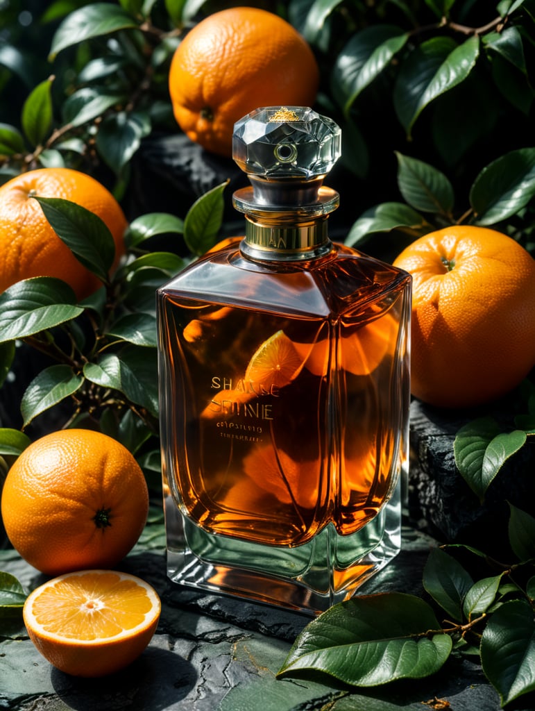 professional photography of a luxury perfume, orange fruits around, orange forest, green satin scarf, no label, clear, mockup
