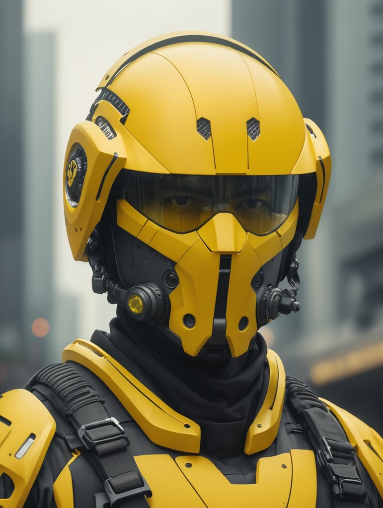 soldier in yellow cyber equipment cyber helmet face not visible city
