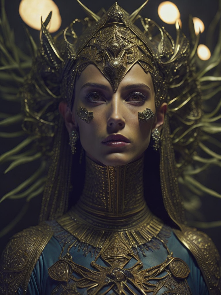 Masterpiece sculpture of an ornate bejeweled mechanical ancient Sumerian, by annie swynnerton and diego rivera and nicholas roerich and giger and jean delville, symbolist, dramatic lighting, god rays, elaborate geometric ornament, art brut, rich colors, smooth, sharp focus, extremely detailed, adolf wolfli and donato giancola