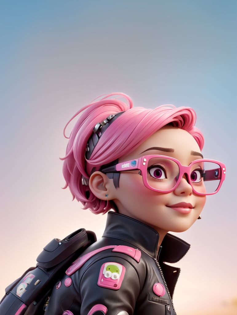 cyborg android, dressed in pink glasses and a leather jacket