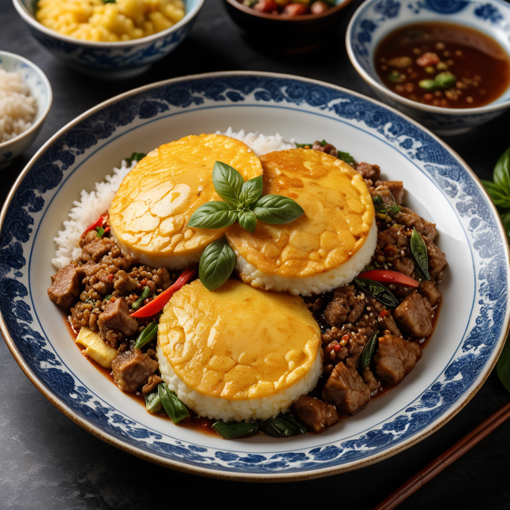 photo of Thai food, Stir-fried minced pork with basil and omelet , top on rice hot steam face, have chili fish sauce ,have little smoke , on blue-and-white Chinese porcelain plate, deep black background, 8K, Photo, Ray Tracing, reflective light. advertising image, naturality background, natural light catching the product, realistic image, sharp image, 8K
