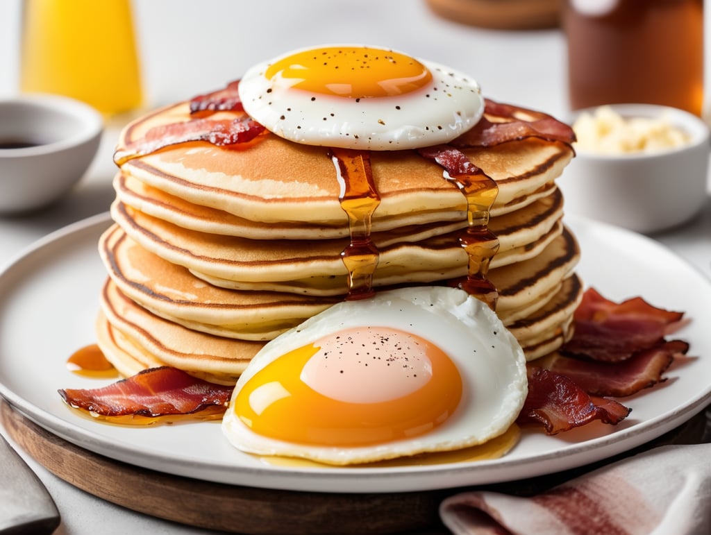 A stack of pancakes with butter and maple syrup with bacon and eggs on the side