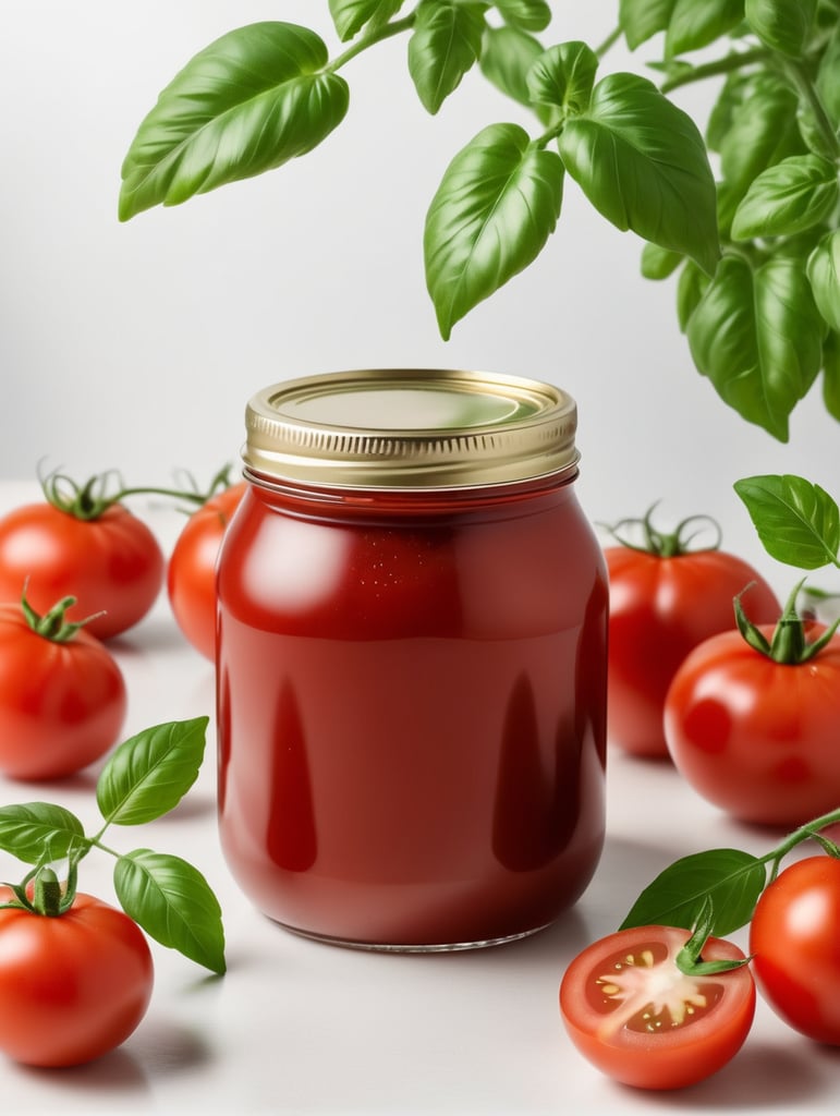 tomato ketchup jar, red tomato with green leaves, isolated, white background, mockup
