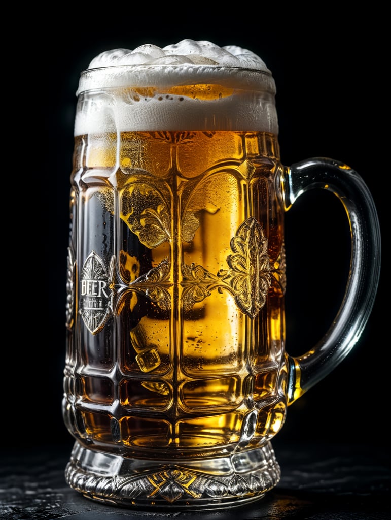 glass beer mug, isolated, black background, professional photo