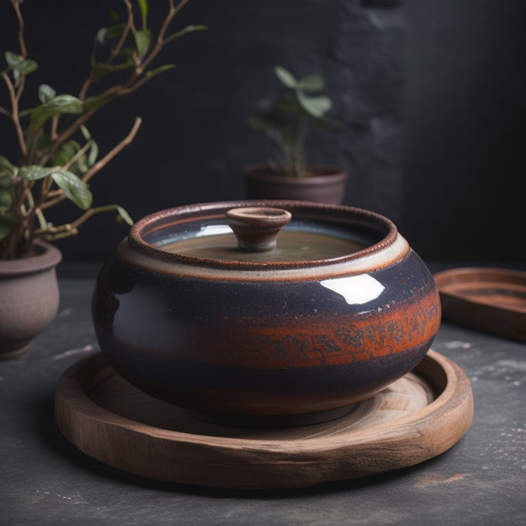 ancient small clay and glazed Chinese pot, deep atmosphere, realistic photo