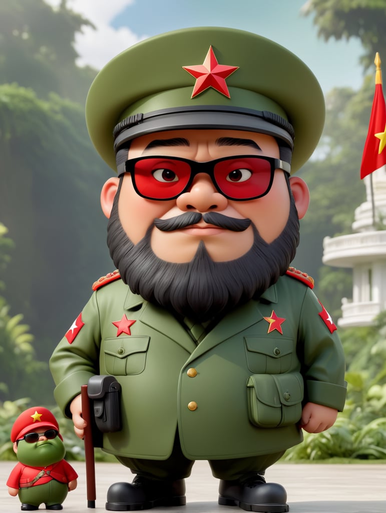 Che guevara Chubby and fat funny cute version with chinese soldier hat with red star pin,big and long hairy beard wear sun glasses square like guerilla, wearing green army jacket from vietnam wars background oval room white house