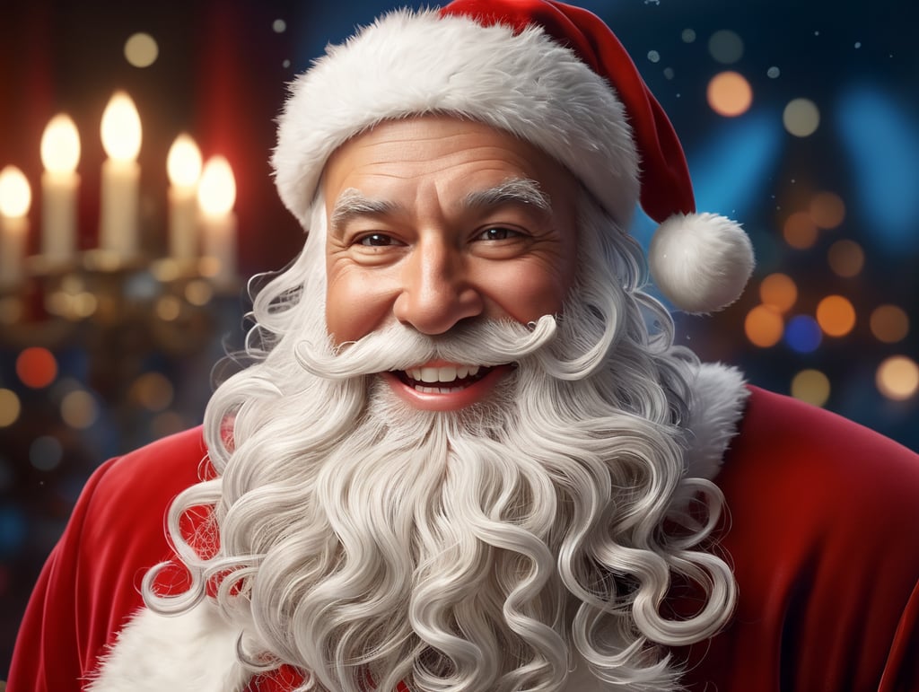 Portrait of Santa Claus smiling, one tooth missing, holdind a white business card, whimsical facial expression, flowing white beard, jolly caricature, saturated colors, red outfit, sharp focus, portrait photography, depth of field, dramatic candlelit lighting, incredibly high detailed, blue background, blurred background,