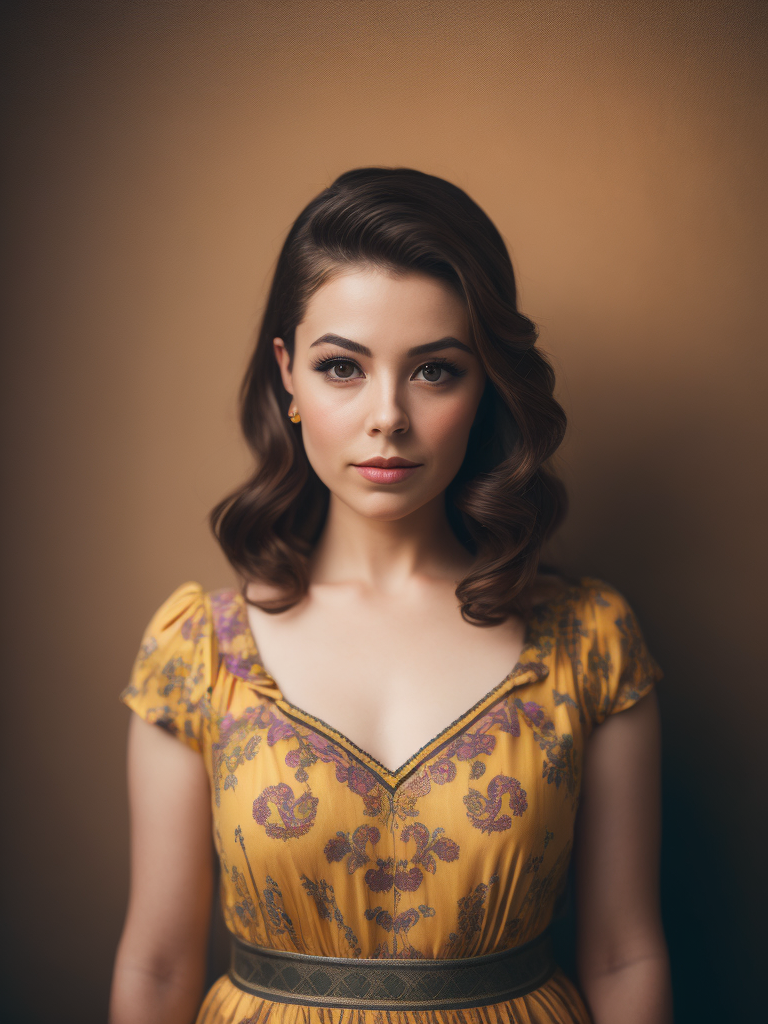 Portrait of a girl dressed in a bright dress, Bright colors, pin up style, 70s