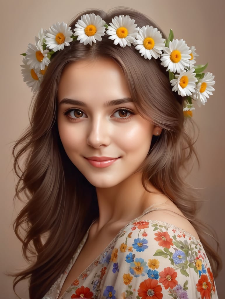 portrait of a cute european girl with flowers, spot brown background, flowers flash at the back, many flowers, art by Mikhail Boyarsky