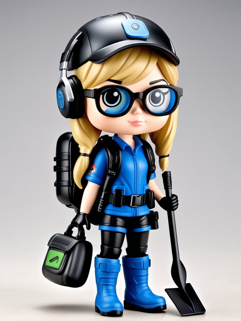 Female funko pop character with short length straight blonde hair wearing black cap and headphones wearing blue spectacles black clothes with grey wellies and knee pads and holding a metal detector and holding a spade with a back pack on and a tool belt around the waste