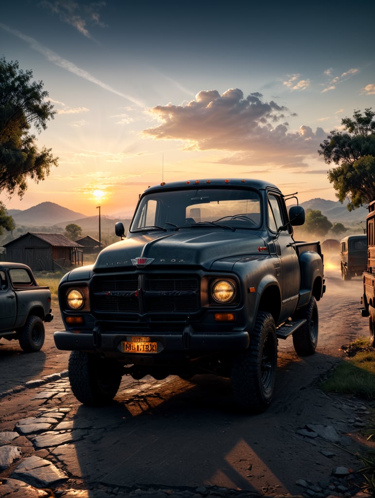 beautiful old pickup at sunset volumetric light, detailed, sharp focus, highly detailed,