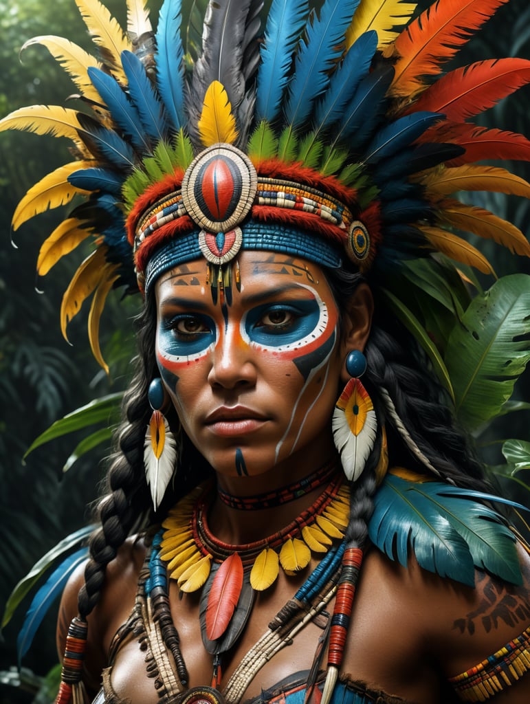 Crie uma arte baseada em uma figura indigena brasileira. com complementos animais da fauna do brasil.