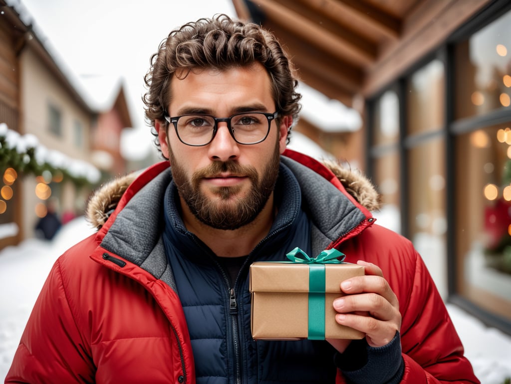 portrait of a bearded curly man wearing red puffer jacket, reeding glasses, stands front camera with gift box his hand, snowy weather, Christmas time, blurry background