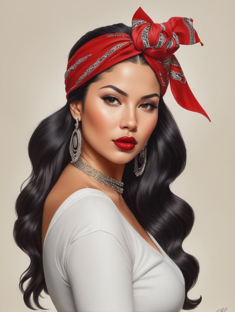 "Selena Quintanilla, the queen of Tejano. Her long, dark hair cascades down her back as she rocks a bold red lip and a bandana tied around her head. She exudes confidence as she struts her petite but curvy figure capturing her essence in todays fashion,