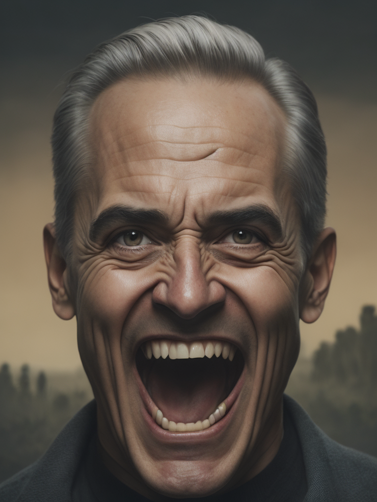 a painting depicting the head of a man with teeth, in the style of artist alex gross, dynamic colors, clear focus, surrealism, psychedelic overload, steve sack, highly detailed figures, nightmare, exuberant