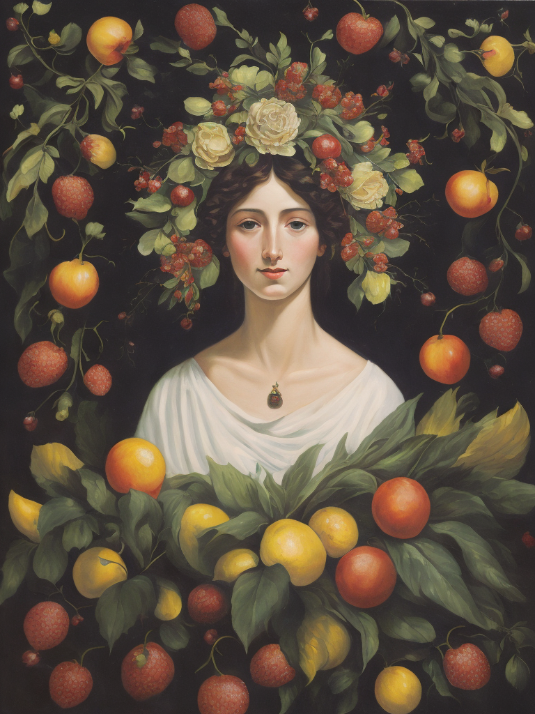 a painting of a woman's head surrounded by flowers and fruit