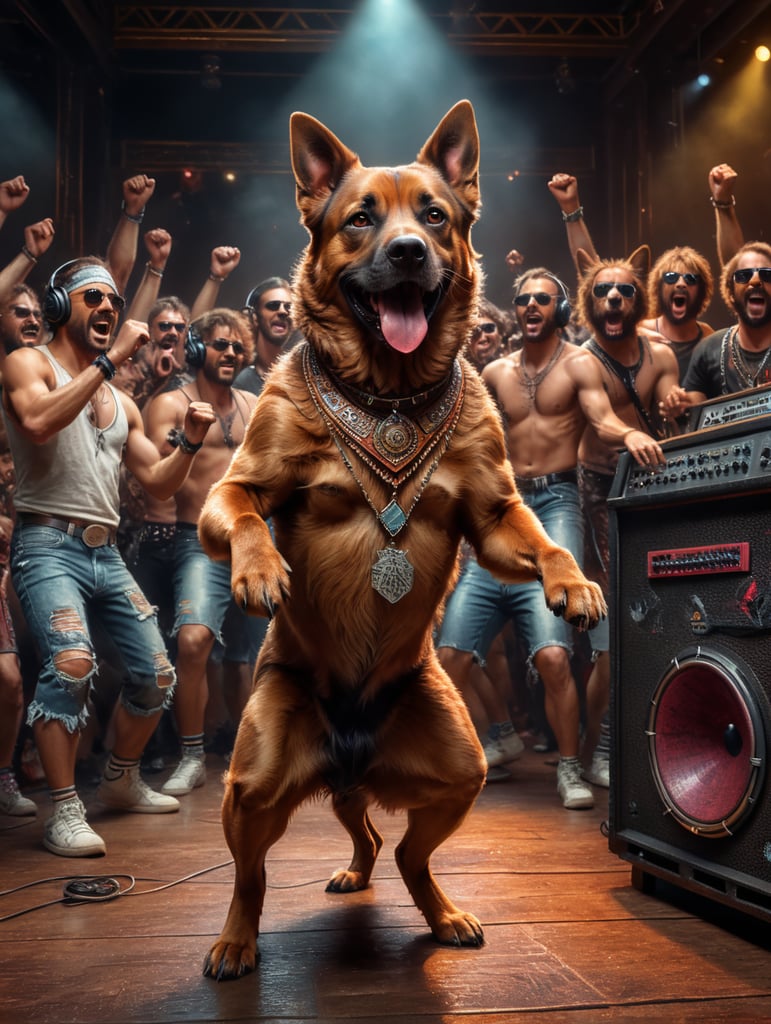 dancing brown dog listening to 80s hardcore band