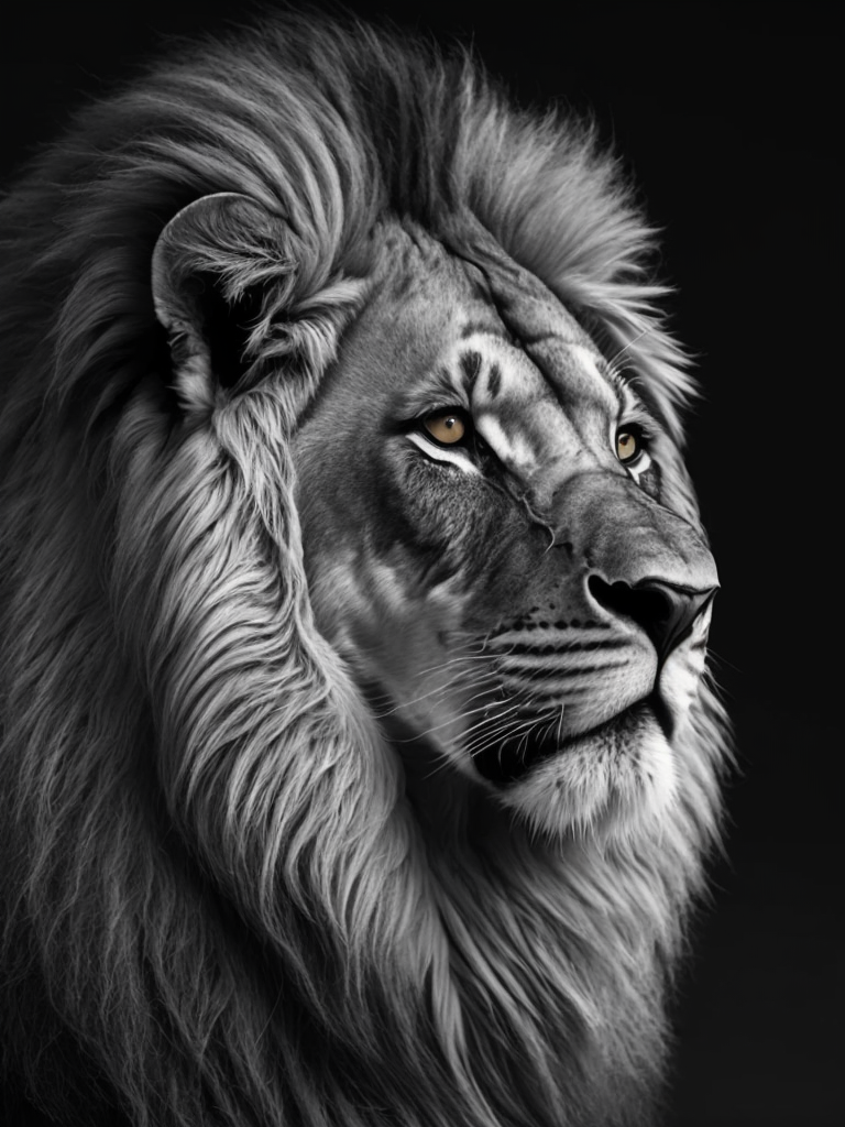 photo of a lion in black and white style, sharped, detailed