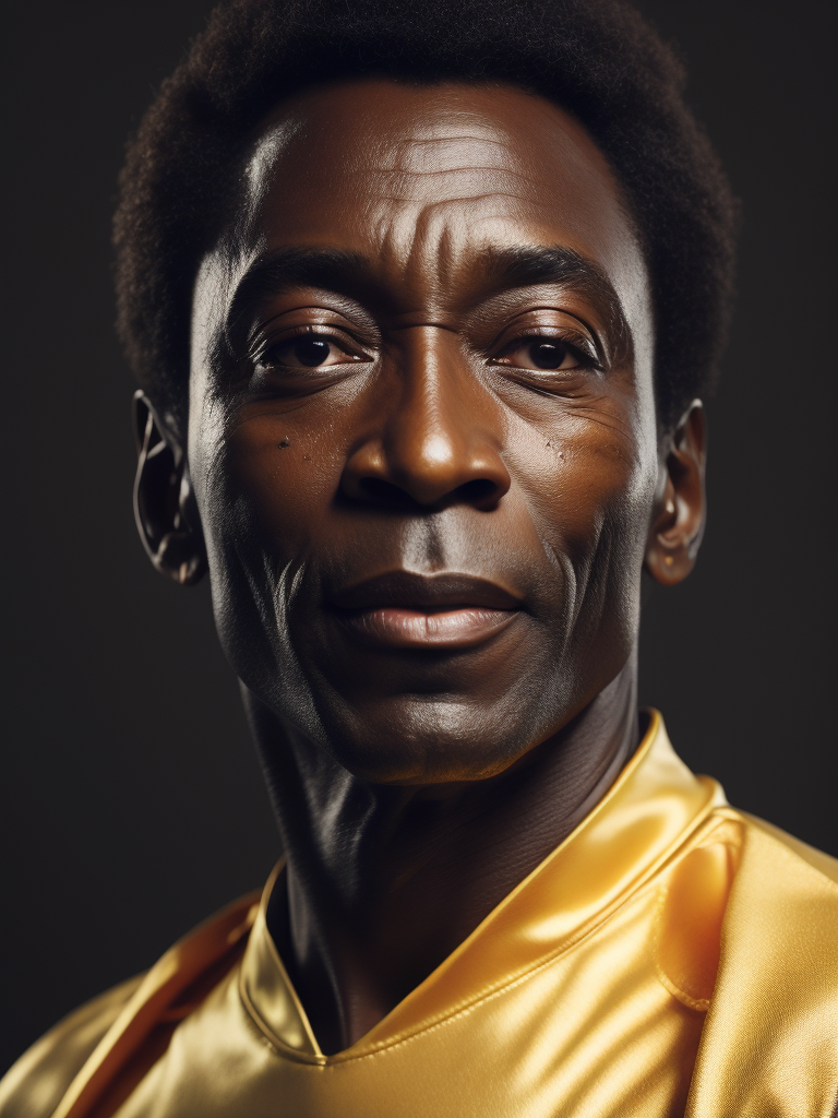 Pele's portrait in a golden football uniform, bright and saturated colors, highly detailed, fashion magazine, sharp focus, Dramatic Lighting, Depth of field, Incredibly high detailed, blurred background