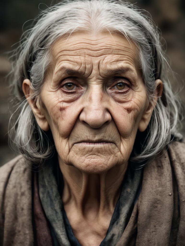 old woman, witch, front-facing portrait,tarnished and dirty clothes
