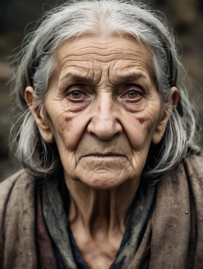 old woman, witch, front-facing portrait,tarnished and dirty clothes