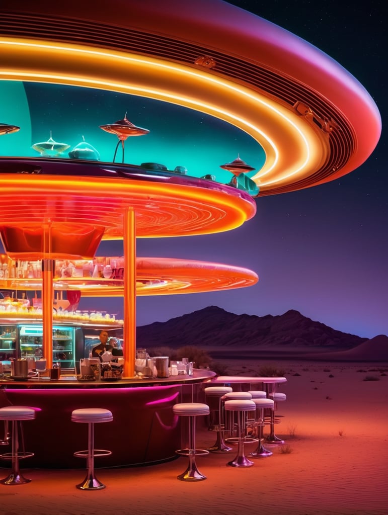 futuristic ufo cafe, desert, an night, neon, glass