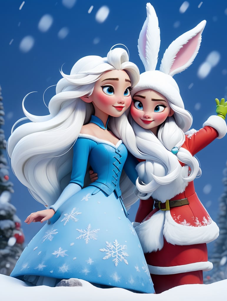 New year's card, Santa Claus and Snow Maiden, rabbit, deere, by Justin Gerard and Greg Rutkowski