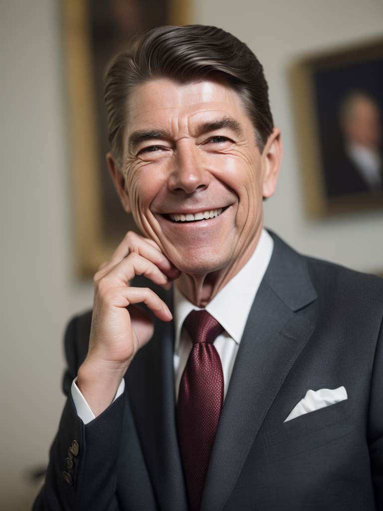 Portrait of ronald reagan in a dark gray suit, portrait in the white house oval office, sharp focus, highly detailed, photorealistic photoreal: 1.4, lifelike,highly detailed CG unified 8K,looking at the viewer smiling, (HQ skin:1.4), 8k uhd, dslr, soft lighting, high quality, film grain, Fujifilm XT3, smiling front camera.