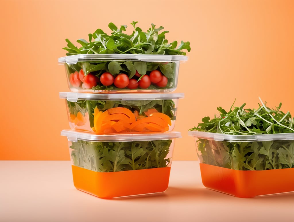 blank Transparent Plastic Container with Arugula Salad, isolated, orange background, Modern presentation, Mockup, mock up