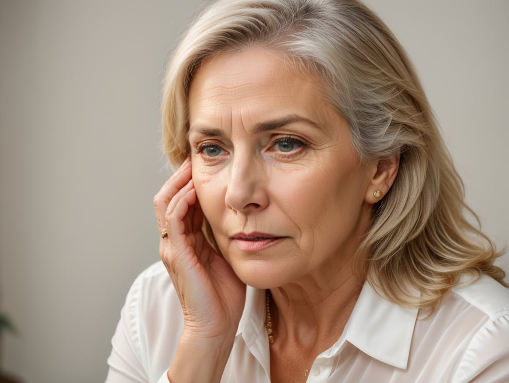 Blonde middle aged woman ponders on something keeps hand near face, white hair, white blouse, mature women, pretty old women, isolated, white background