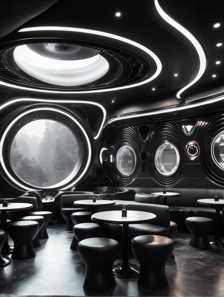 Futuristic interior of UFO cafe. Alien interior, black tones