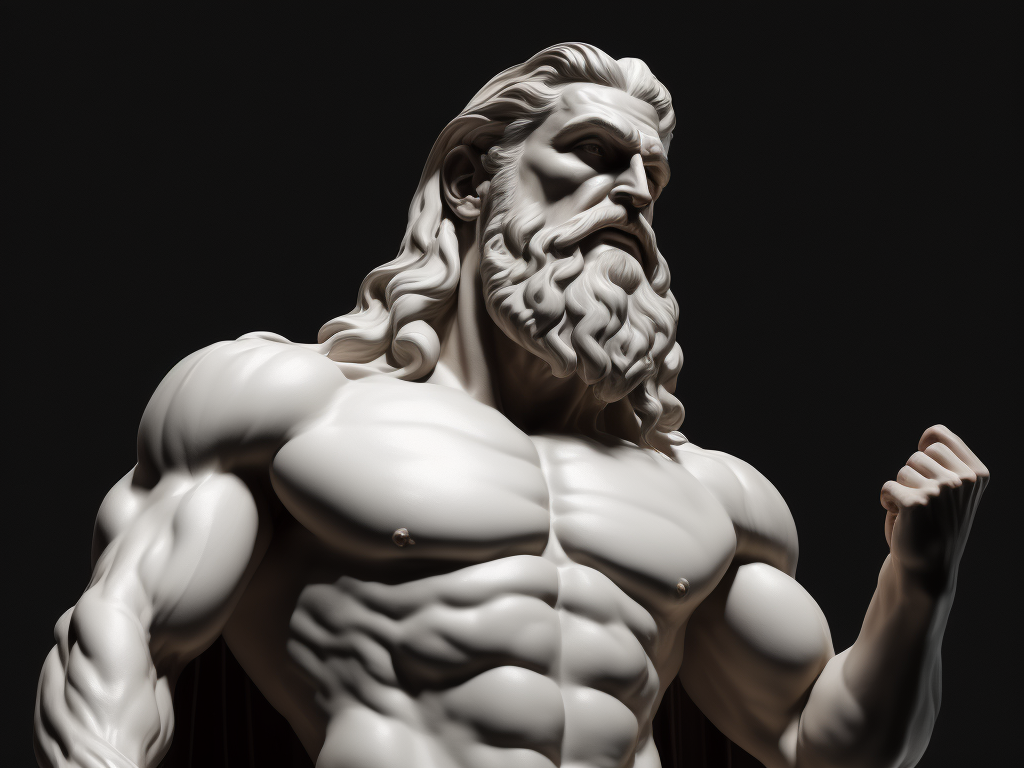 A realistic portrait white greek marble statue of a zeus, black background, angry, photorealistic, movie scene, super detailed, hyperrealistic, full body, rage face, no hands