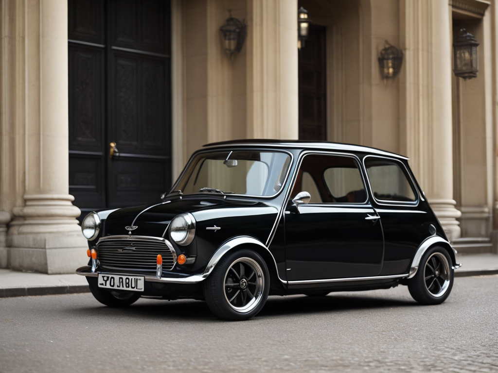 A black austin mini from 1970, with a lot of details, on paris