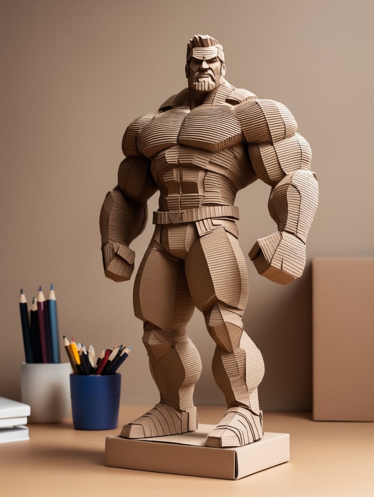 Draw me a statue of strong man created from Corrugated carton on a desk