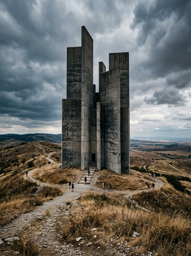 A towering, monolithic grey monument of intersecting vertical slabs dominates a rolling hillside of dry scrub grass under a dramatic overcast sky. The minimalist brutalist structure features a striking gradient texture of dark, stippled patterns sweeping across its stark facade. Tiny human figures traverse undulating dirt paths around the base, highlighting the immense scale of the architecture alongside a small rectangular entrance. The scene features a moody cinematic atmosphere with a distant hazy horizon stretching to the right.