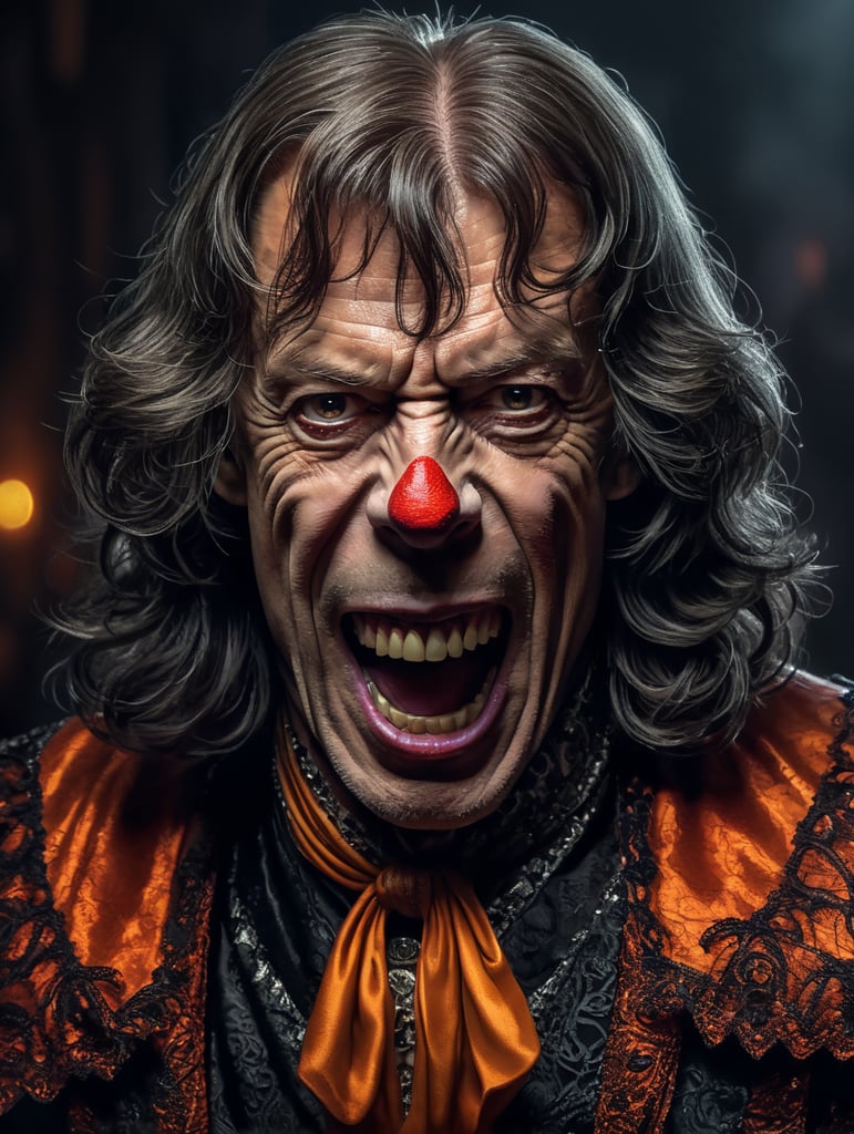 Mick Jagger as an evil character wearing spooky Halloween costume, Vivid saturated colors, Contrast color