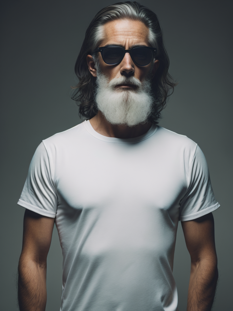 a torso of a (very old man), wearing ((black sunglasses)), white t-shirt, (((white hair))), front view, grey background