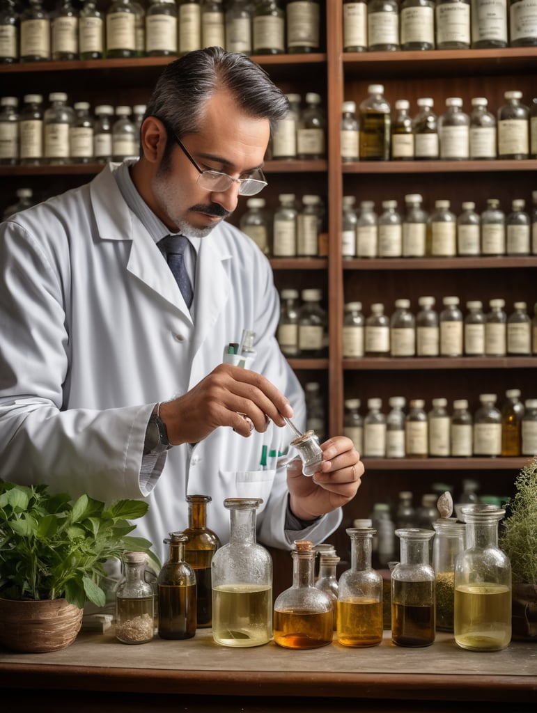 um farmacêutico, em uma farmácia antiga fazendo experimentos quimicos, plantas medicinais ao seu redor