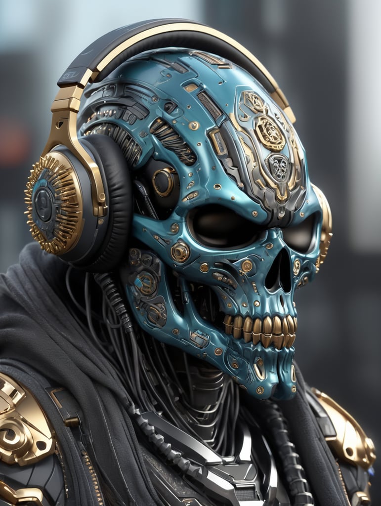 Alien Cyber skull Octane render with spikes on top, dj headphone hyperrealistic, unreal engine 5 cyberpunk concept art, Mega design, concept art, variation, sci - fi, robot, metal hood and robe, rotary saw weapon, state of the art tech details, full body art