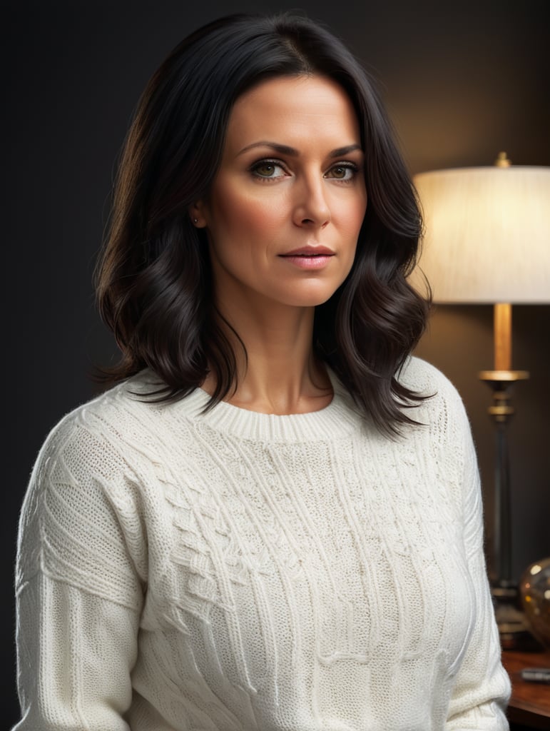 A 40-year-old woman with slightly tanned black slightly straight hair wearing a white sweater, Half-body close-up photos,