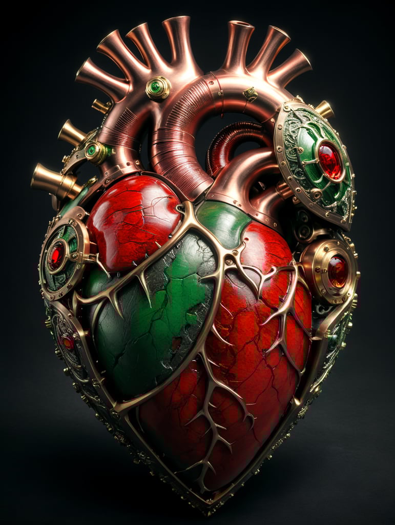 human heart made by a skilled craftsman in medieval steampunk style with red and green color add keffieh palestinien