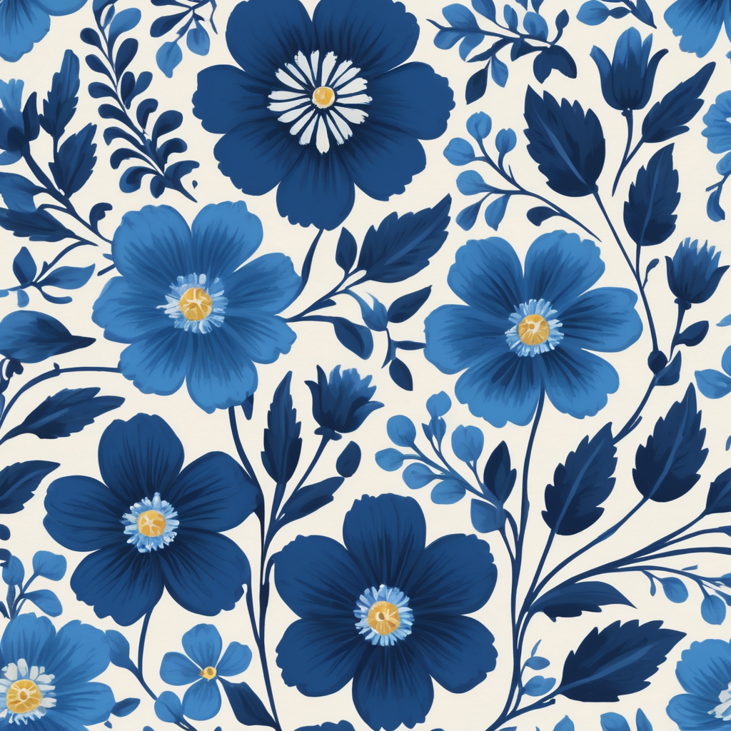 Seamless pattern beautiful floral pattern with blue flowers in the background, in the style of polish folklore motifs, juliana nan, mexican folklore - inspired, tivadar csontváry kosztka, clara peeters, texture exploration, blue color scheme, blue pallete, amoled